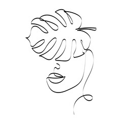 Woman face with monstera leaves