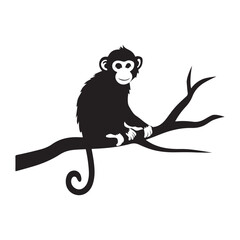 Contemplative Monkey: A Simplified Silhouette monkey, sitting on branch, black and white, simplified, digital art
