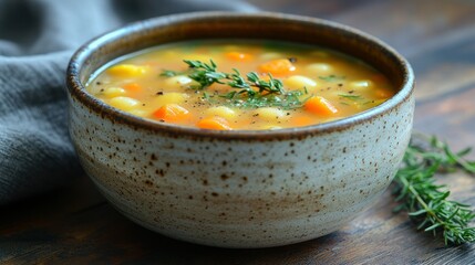 Bowl of soup with carrots and beans, herb garnish