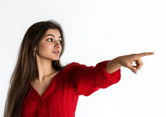 Young Woman in Red Shirt Pointing at Empty Space – High-Quality Stock Photo with Professional Color Grading, Minimal Contrast, and Clean, Sharp Focus on White Background