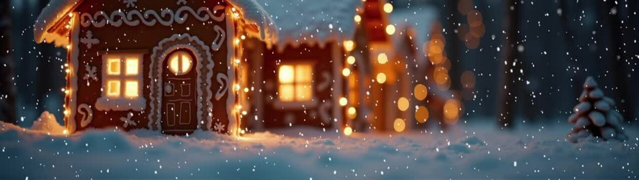 Small ginger house with a lit window in the snow