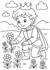 Coloring book prince kneels to admire blooming flowers in a field