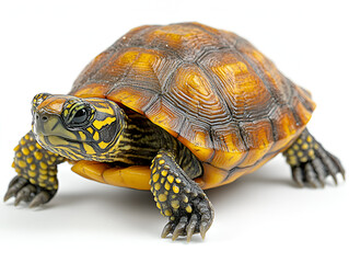 Obraz premium Slow tortoise with a patterned shell isolated on a white background, perfect for nature and wildlife themes