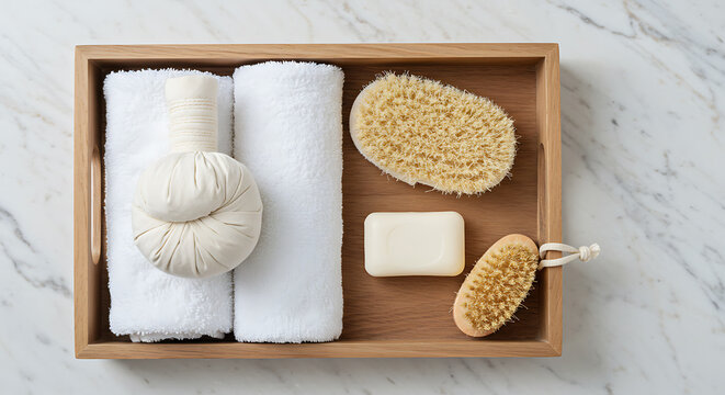 Spa Day Essentials: Bamboo Tray with Towels, Herbal Compress, Soap, & Brushes