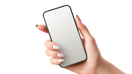 A hand holding a white cell phone