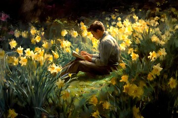 A young person sits reading in a field of daffodils.