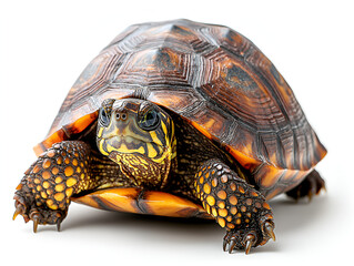 Obraz premium Slow tortoise with a patterned shell isolated on a white background, perfect for nature and wildlife themes