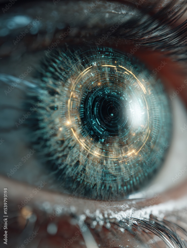 Poster stylized eye featuring digital iris scan as a representation of surveillance awareness in modern soc