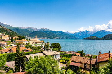 View of Lake Como, towards the north, from Santa Maria, with the Alps, the villages and the mountains of Valtellina.