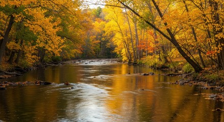 Autumnal River Reflections in a Colorful Forest