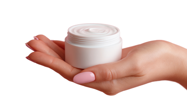 A hand holding a white jar of cream