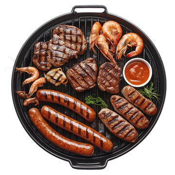 Grilled steak shrimp and sausage delicious barbecue food photography on transparent background