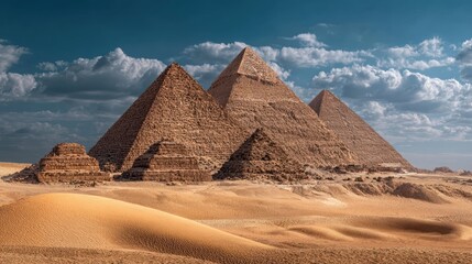 Ancient Egyptian Pyramids: A stunning view of the iconic ancient Egyptian pyramids rising majestically from the sandy desert, under a vivid blue sky with billowing clouds.