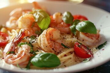 Tasty creamy shrimp pasta garnished with basil and parmesan, perfect for restaurant menus and culinary blogs