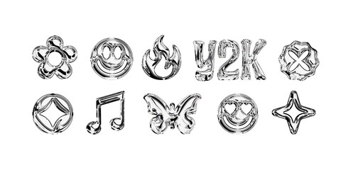 Trendy chrome Y2K PNG shapes for design.