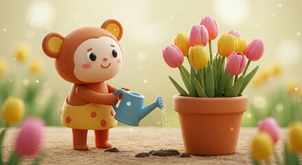 Obraz premium Cute Monkey Watering Tulips in a Spring Garden