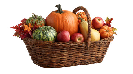 A basket of fruit and vegetables including apples, squash, and pumpkins