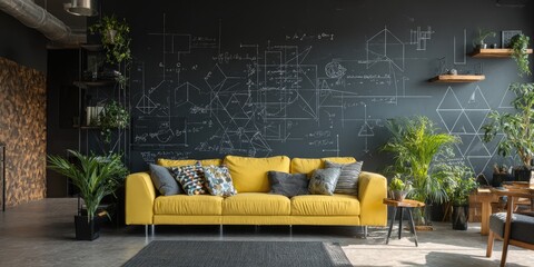 Mustard yellow sofa sits before a dark wall adorned with chalk-drawn geometric patterns and equations, flanked by potted plants and floating shelves