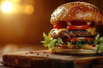 Close-up of mouthwatering hamburger featuring crispy greens, rich beef patty and melted cheese, perfect for menu designs and food promotions