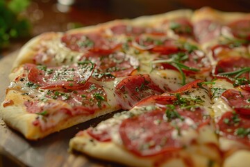 Tasty Italian pizza on wooden board, featuring crispy crust, gooey cheese and spicy pepperoni under gentle daylight