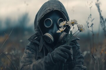 young girl in gas mask and holding single daisy flower, symbolizing hope and fragility of life in toxic polluted environment. environmental awareness, dystopian futures, social commentary