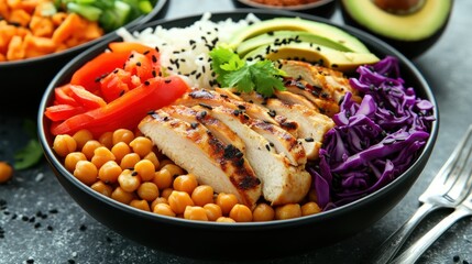 Colorful bowl chicken, rice, avocado, veggies, chick peas