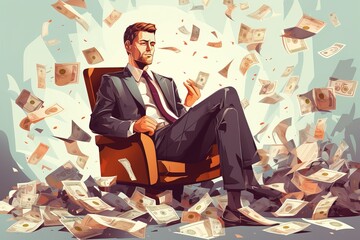 Modern illustration depicting corporate man in office setting with cash spread across the floor, representing bribery, greed and financial misconduct