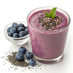Blueberry smoothie in a clear cup, thick and vibrant purple texture, sprinkled with chia seeds on top