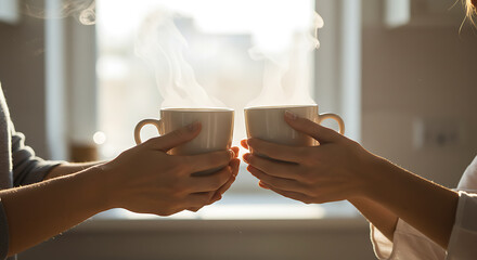 Obraz premium Steaming Coffee Cups Shared Between Two Hands, Backlit Window