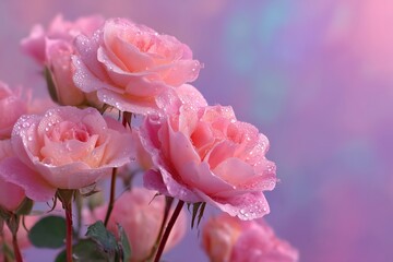 Soft pink roses with delicate dew drops on a glowing pastel backdrop, Ramadan Kareem floral design, peaceful and spiritual aesthetic