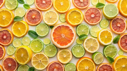 A vibrant citrus fruit medley showcasing a colorful array of sliced oranges, lemons, limes, and grapefruits, interspersed with fresh mint leaves, creating a refreshing and zesty arrangement.