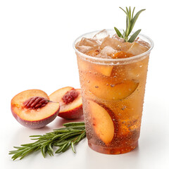 Peach iced tea with visible peach slices and rosemary sprig inside a clear cup, condensation, isolated on a white background