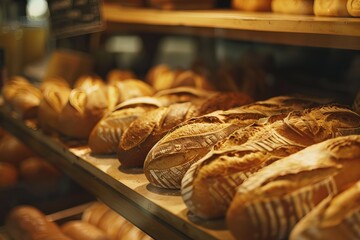 freshly baked baguette rests in foreground, with artisanal bakery scene behind, evoking feelings of tradition, craftsmanship and homely warmth