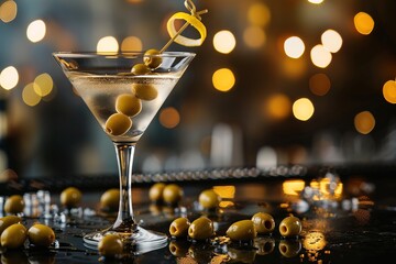 Elegant photo of martini glass with garnishes on modern counter, captured in dimly lit bar environment with blurred background