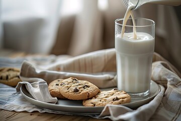 Overhead image of classic treat moment with milk being poured, surrounded by delicious cookies and neatly folded napkin, perfect for comfort food and lifestyle concepts