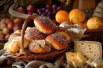 Warm and cozy food arrangement featuring variety of bread rolls, artisanal cheese and seasonal fruits, perfect for breakfast or brunch