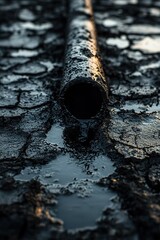 Close-up vertical image thick dark crude oil leaking onto parched earth from old industrial pipe. scene evokes ecological disaster, environmental neglect, harmful impact of fossil fuel industries