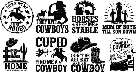 Fototapeta premium Western Cowboy Silhouette Typography T-Shirt Designs – Rustic Rodeo Quotes, Vintage Country Style Graphic Text Tees, Cowboy Hat Boots Horse Illustrations for Sublimation, Print-on-Demand, Cricut,
