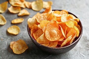 Close-up overhead image of crunchy potato chips in bowl, showcasing their golden texture, perfect for food packaging or snack advertisements