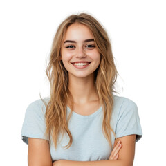 A young woman with long blonde hair is smiling and wearing a blue shirt