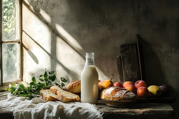 Serene countryside moment captured with bottle of milk, fresh produce and warm sunlight streaming through window
