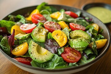 Overhead view of colorful plant based salad with crisp vegetables and herbs, emphasizing healthy, organic ingredients