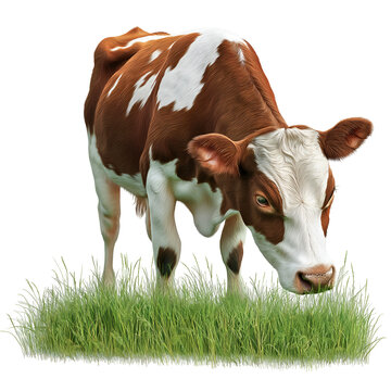 Brown and white cow grazing in green grass field animal agriculture on transparent background