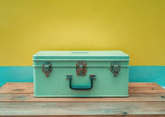 A pale green, vintage metal suitcase sits on a rustic wooden surface against a yellow and teal wall.  The suitcase shows signs of wear and age