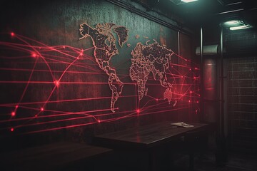 dark room with glowing red world map on the wall, surrounded red pins and connected strings