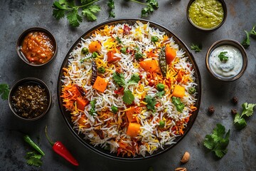 Overhead photo of vibrant vegetable biryani with saffron rice, served with chutney and raita, capturing bright, appetizing colors