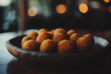 Close-up photo of crispy croquetas served on rustic ceramic plate, captured in soft warm lighting with clean minimal background