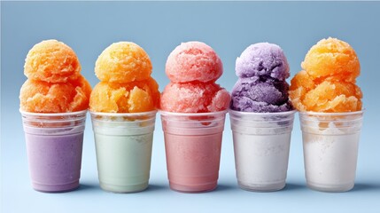 Row of ice cream cups with different flavors. The cups are lined up in a row, with the first cup being orange and the last cup being white