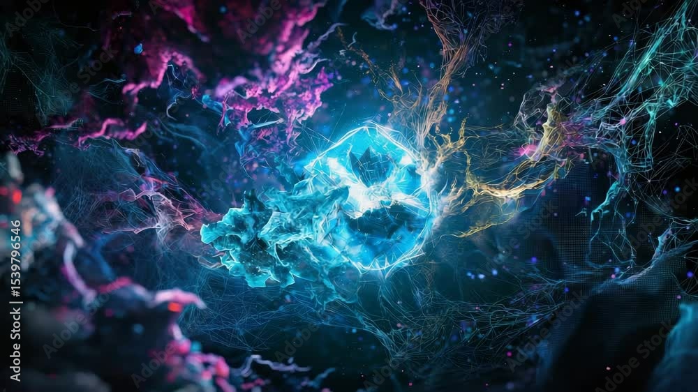 Poster A vibrant abstract visualization of colorful neural networks intertwining with electric energy on a dark background.