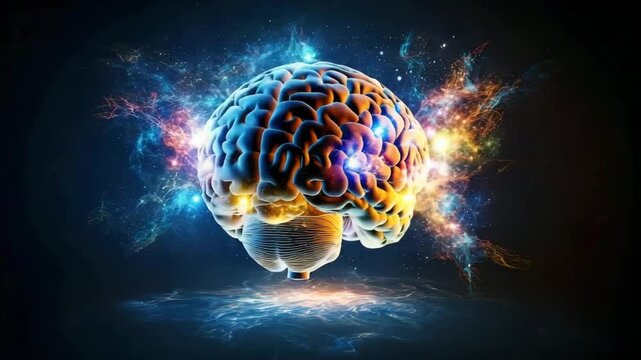 A vibrant, glowing human brain with colorful neural activity, floating in a cosmic space background.